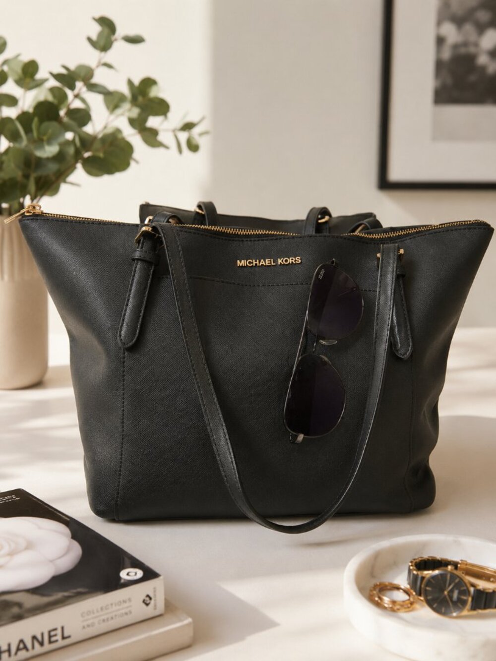 Michael Kors Jet Set Black Saffiano Leather Shoulder Tote